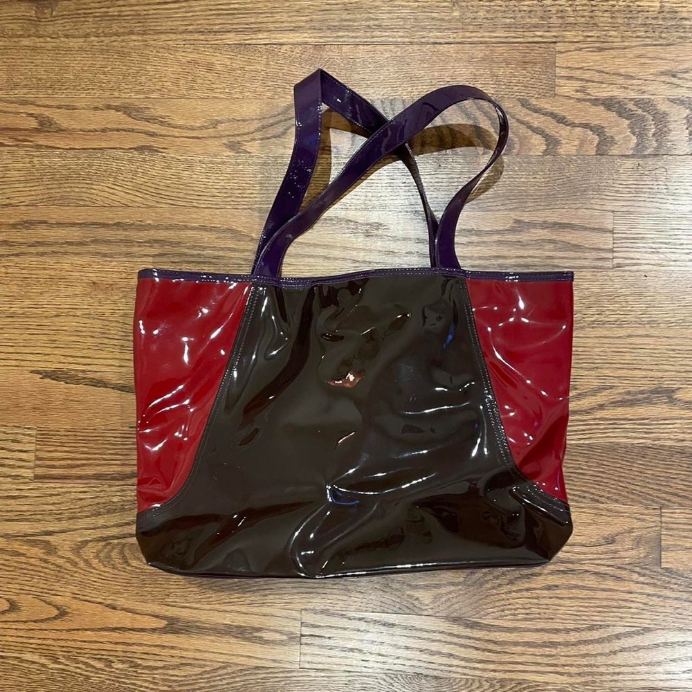 Brown purple & red y2k jelly structured tote bag / purse by Estée Lauder